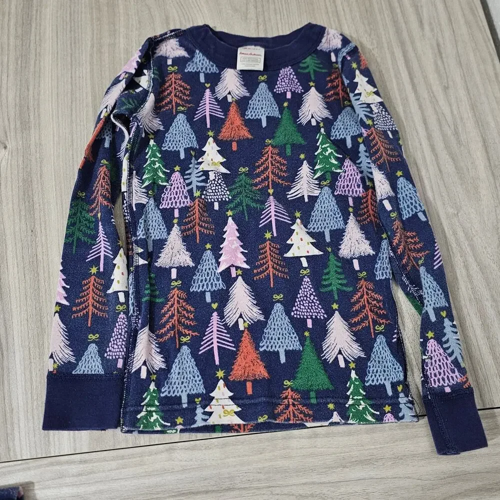 Hanna Andersson Pajama Set Winter Christmas Tree Print Dark Blue Long Sleeve 6-7